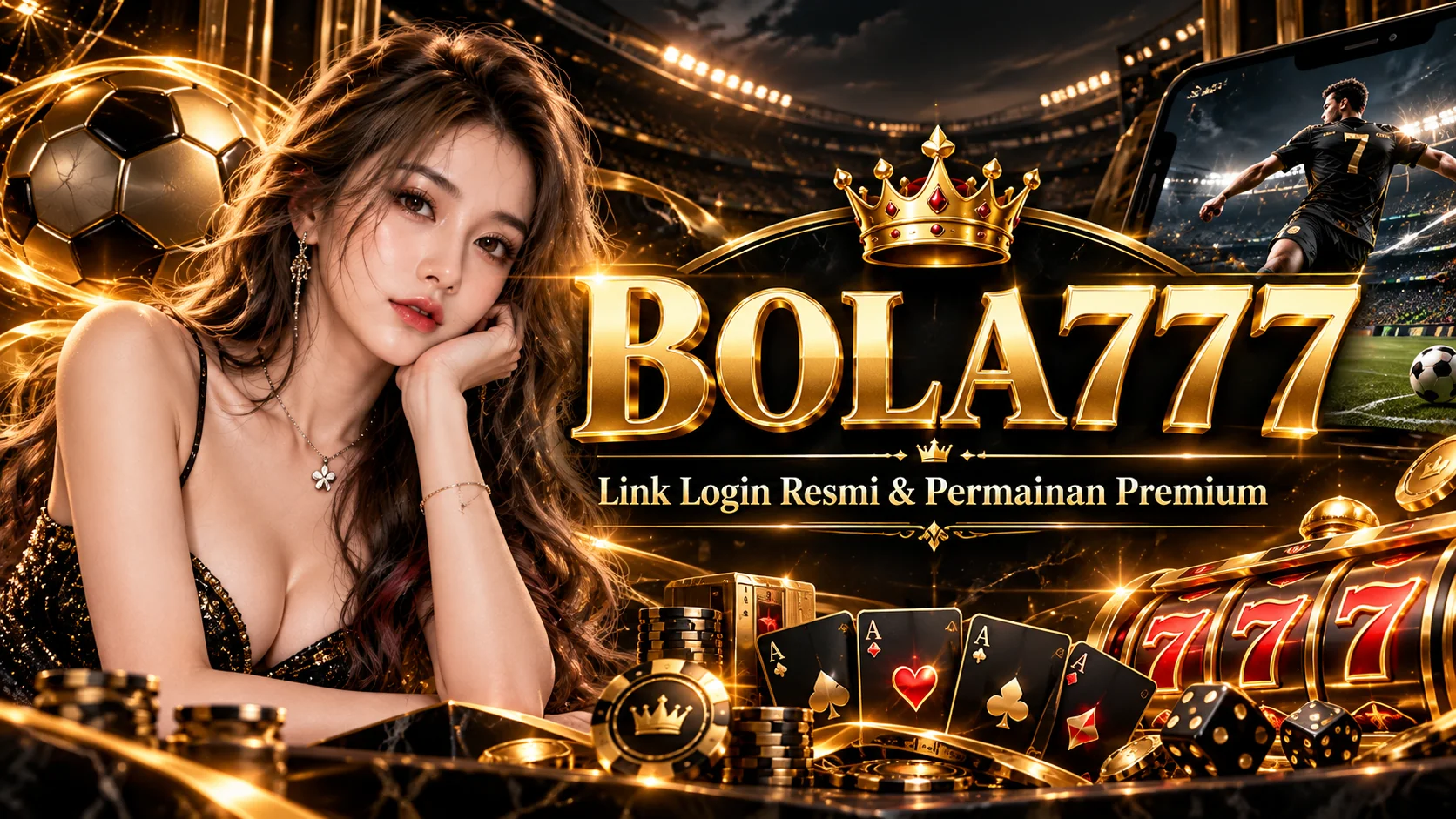 Banner promosi BOLA777 yang disediakan pemilik website menampilkan sportsbook dan slot, angka togel dan desain hitam emas